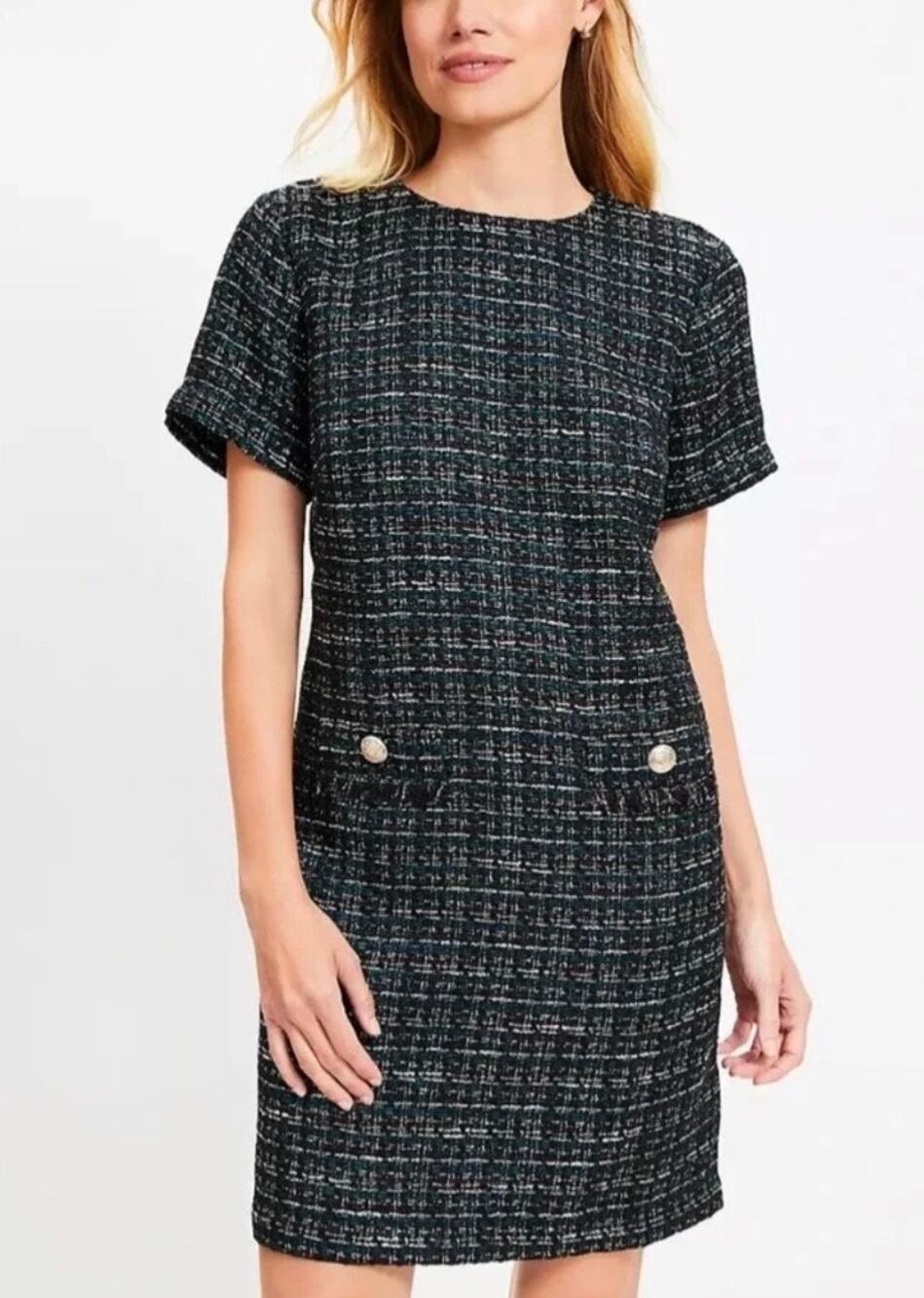 LOFT Tweed Shift Dress Size 8 Black Green Metallic Gold Short Sleeve Old Money